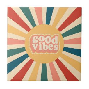 Vintage 70s Retro Sunburst Good Vibes Ceramic Tile