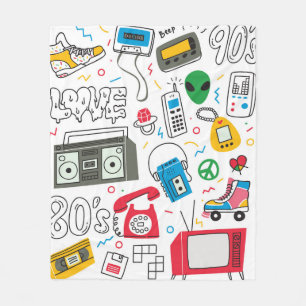 Vintage 80's 90's doodle with boom box, television fleece blanket