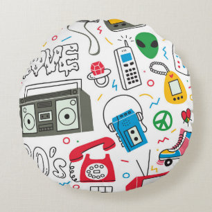 Vintage 80's 90's doodle with boom box, television round cushion