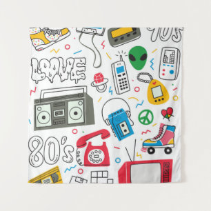 Vintage 80's 90's doodle with boom box, television tapestry