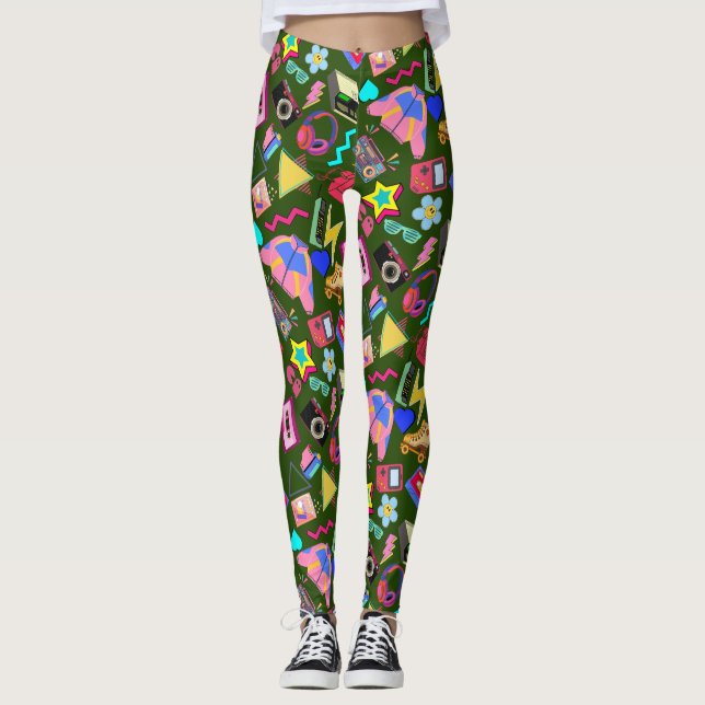 Vintage 80's Pattern 01.w DGreen BG Leggings (Front)