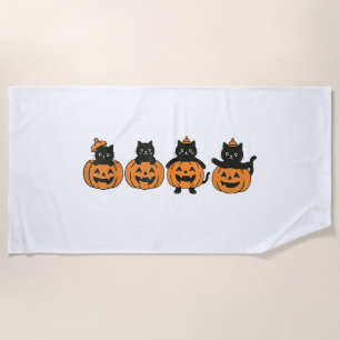 Vintage 90s Cat Halloween Pumpkin Black Cat Beach Towel