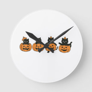 Vintage 90s Cat Halloween Pumpkin Black Cat Round Clock