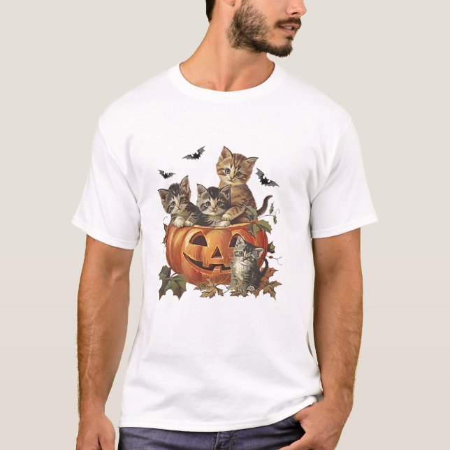 Vintage 90s Cat Halloween Pumpkin T-Shirt (Front)