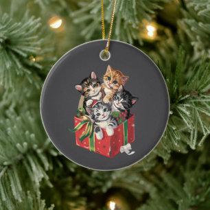 Vintage 90s Cat Lover Christmas Retro Cats Xmas Ceramic Ornament