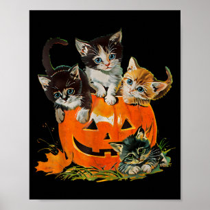 Vintage 90s Cat Pumpkin Halloween Retro Floral Sok Poster