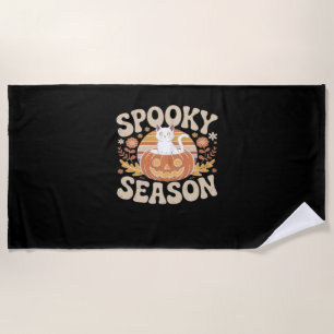 Vintage 90s Cat Pumpkin Halloween Retro Floral Spo Beach Towel