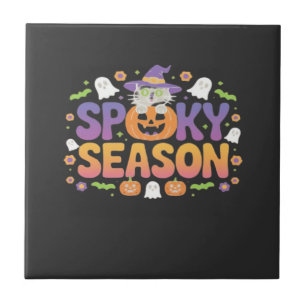 Vintage 90s Cat Pumpkin Halloween Retro Floral Spo Ceramic Tile