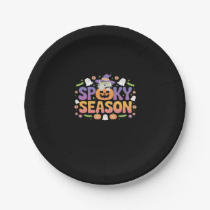 Vintage 90s Cat Pumpkin Halloween Retro Floral Spo Paper Plate