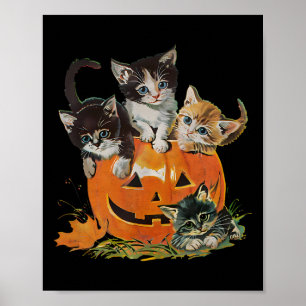 Vintage 90s Cat Pumpkin Halloween Retro Floral Spo Poster