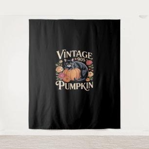 Vintage 90s Cat Pumpkin Halloween Retro Floral Spo Tapestry