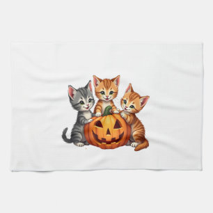 Vintage 90s Cat Pumpkin Halloween Retro Floral Spo Tea Towel
