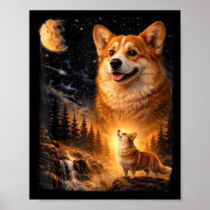 Vintage 90s Corgi Howling at The Moon Mystical Dog Poster