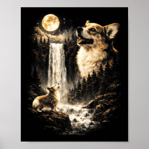 Vintage 90s Corgi Howling to The Moon Funny Corgi Poster