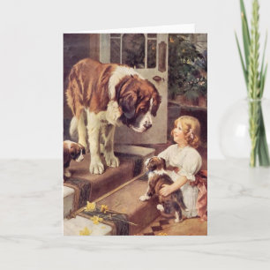 Vintage - A Girl & Her Saint Bernard Dogs, Card