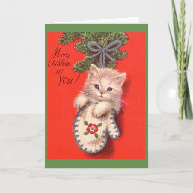 Vintage - A Kitten for Christmas, Holiday Card (Front)