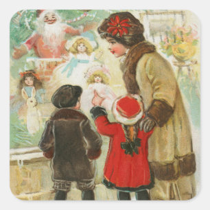 Vintage A Merry Christmas Family Mother and Child Square Sticker