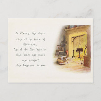 Vintage A Merry Christmas Poem Dog and Fireplace Holiday Postcard