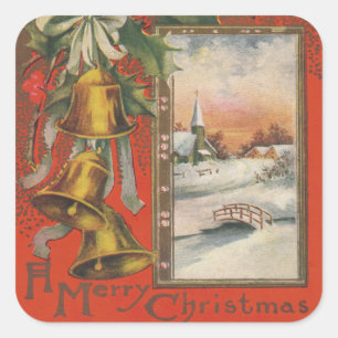Vintage "A Merry Christmas" with Bells Square Sticker