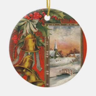 Vintage "A Merry Christmas" with Christmas Bells Ceramic Tree Decoration