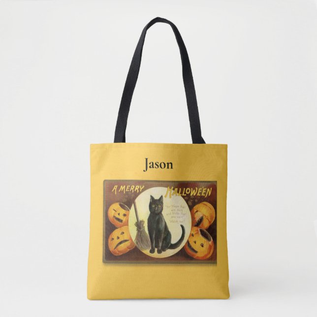 Vintage A Merry Halloween Black Cat Tote Bag (Front)