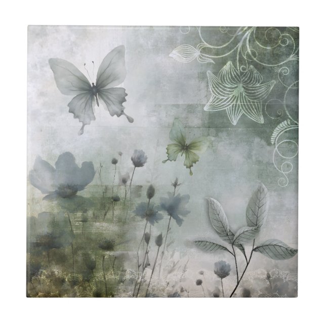 Vintage Abstract Butterflies Flowers Design 401 Ceramic Tile (Front)