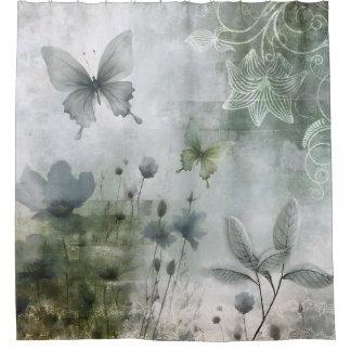 Vintage Abstract Butterflies Flowers Design 401 Shower Curtain