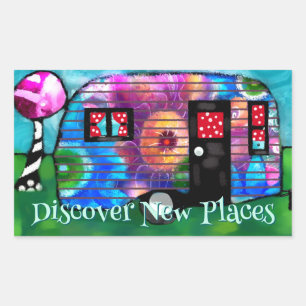 Vintage Abstract Camp Trailer Floral Happy Camper Rectangular Sticker
