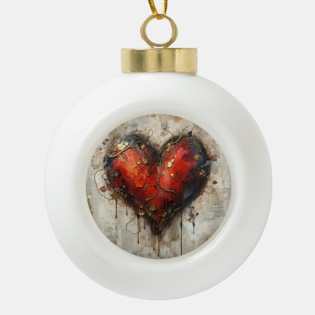 Vintage Abstract Hearts - Ceramic Ball Ornament  (Front)