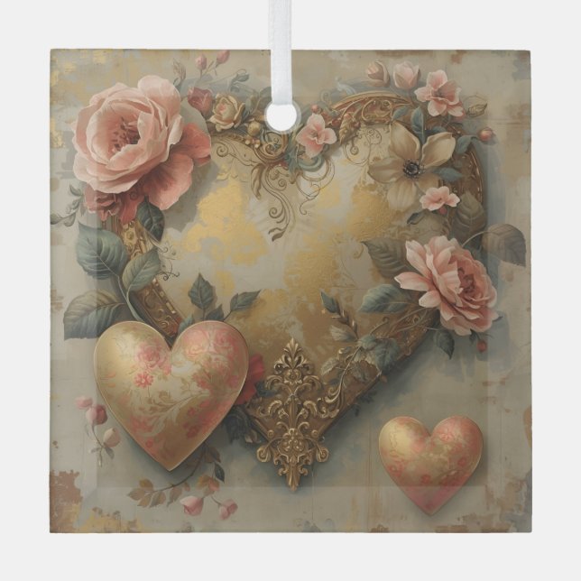Vintage Abstract Hearts - Glass Ornament (Front)