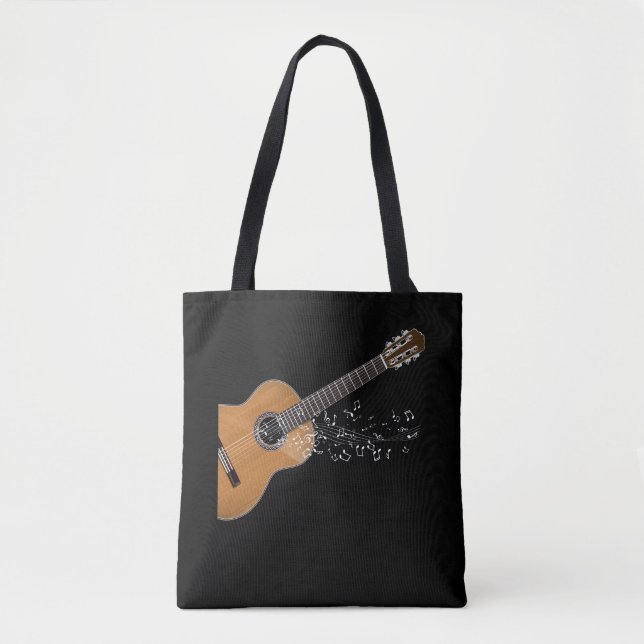 Vintage Acoustic Guitar Graphic Musical Notes Tote Bag (Front)