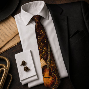 Vintage Acoustic Guitar Musical Notes Dark Tie