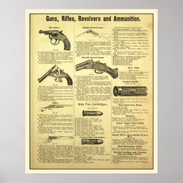 Vintage ad guns, rifles, revolvers and ammunition poster (Front)