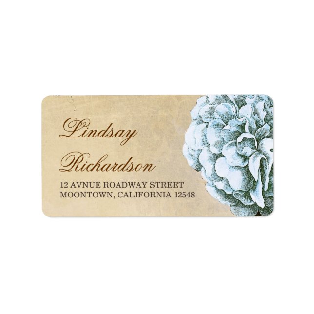 vintage address label  with blue peony blossom (Front)