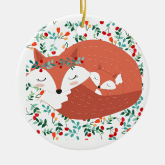Vintage adorable cute mother fox wolf and her baby ceramic tree decoration