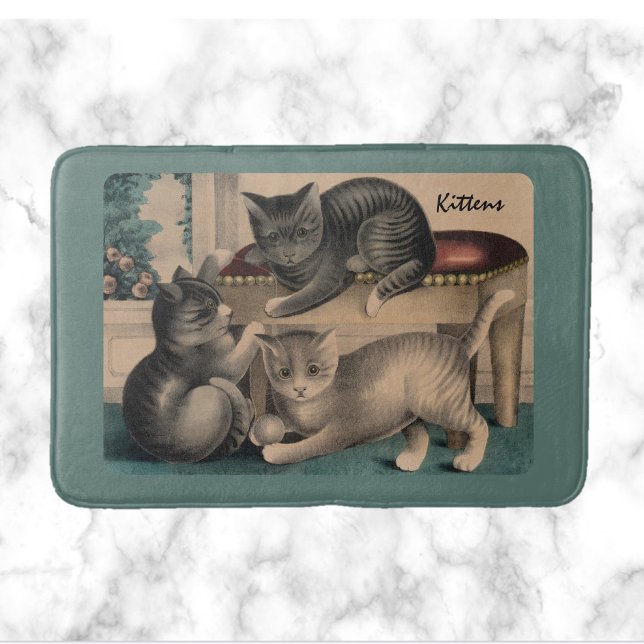 Vintage Adorable Kittens Green  Bath Mat (Creator Uploaded)