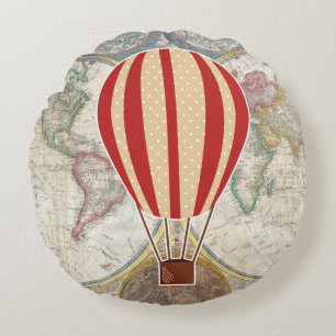 Vintage Adventure Hot Air Balloon World Map Round Cushion