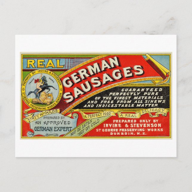Vintage Advertisement for "Real" German Sausages Postcard (Front)