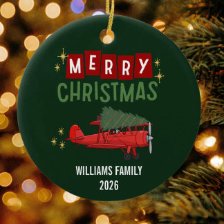 Vintage Aeroplane and Christmas Tree Photo Funny Ceramic Ornament