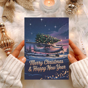 Vintage Aeroplane and Christmas Tree Photo Funny Holiday Card