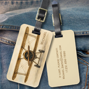 Vintage Aeroplane Antique Biplane Aviation Aviator Luggage Tag