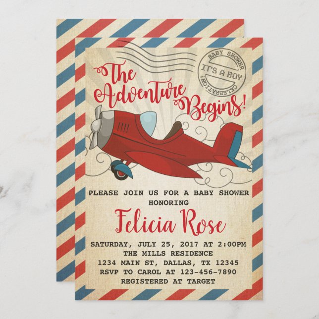 Vintage Aeroplane Baby Shower Invitation Invite (Front/Back)