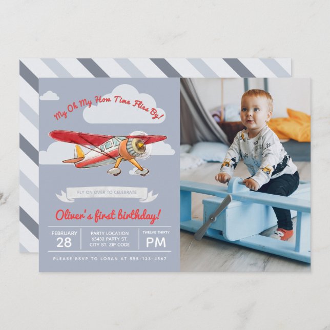 Vintage Aeroplane Birthday, Photo Invitation (Front/Back)