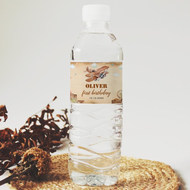Vintage Aeroplane Birthday Water Bottle Label (Creator Uploaded)