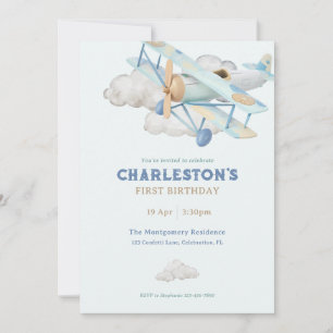 Vintage Aeroplane Blue Birthday Party Invitation