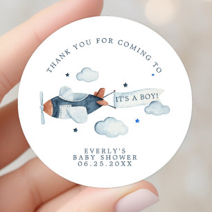Vintage Aeroplane Boy Baby Shower Thank You Classic Round Sticker