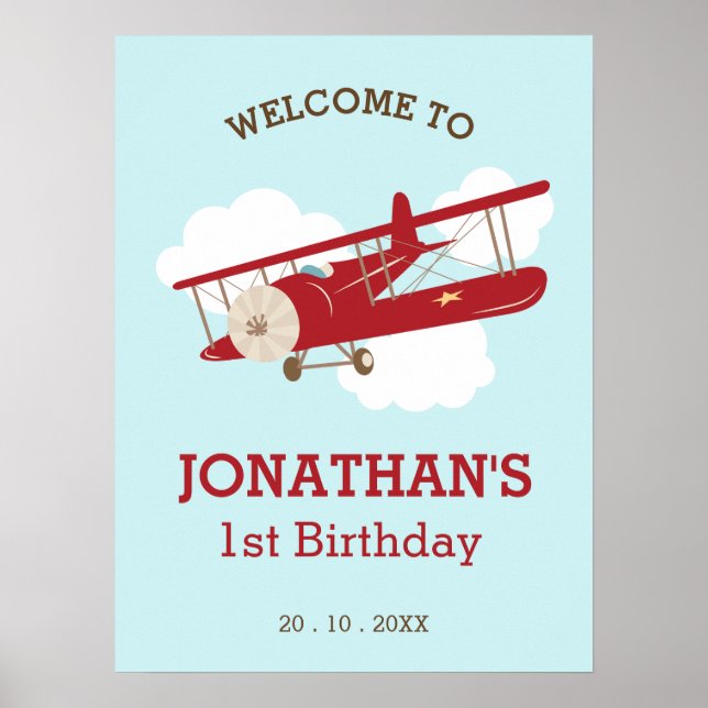 Vintage Aeroplane Boy Birthday Welcome Sign (Front)