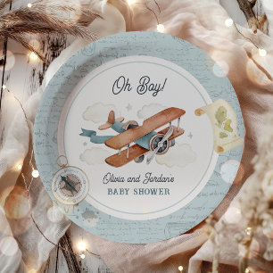 Vintage Aeroplane Boy Travel Baby Shower Paper Plate