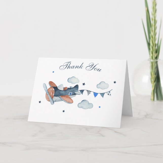 Vintage Aeroplane Clouds Baby Shower Thank You Card (Front)