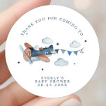 Vintage Aeroplane Clouds Baby Shower Thank You  Cl Classic Round Sticker<br><div class="desc">Vintage Aeroplane Clouds Baby Shower Thank You Classic Round Sticker. This design features an adorable vintage aeroplane. Personalise this custom design with your own text and details.</div>